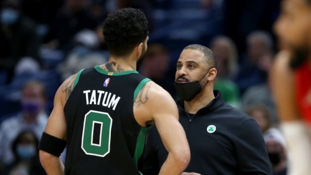 Celtics coach Ime Udoka and Jayson Tatum